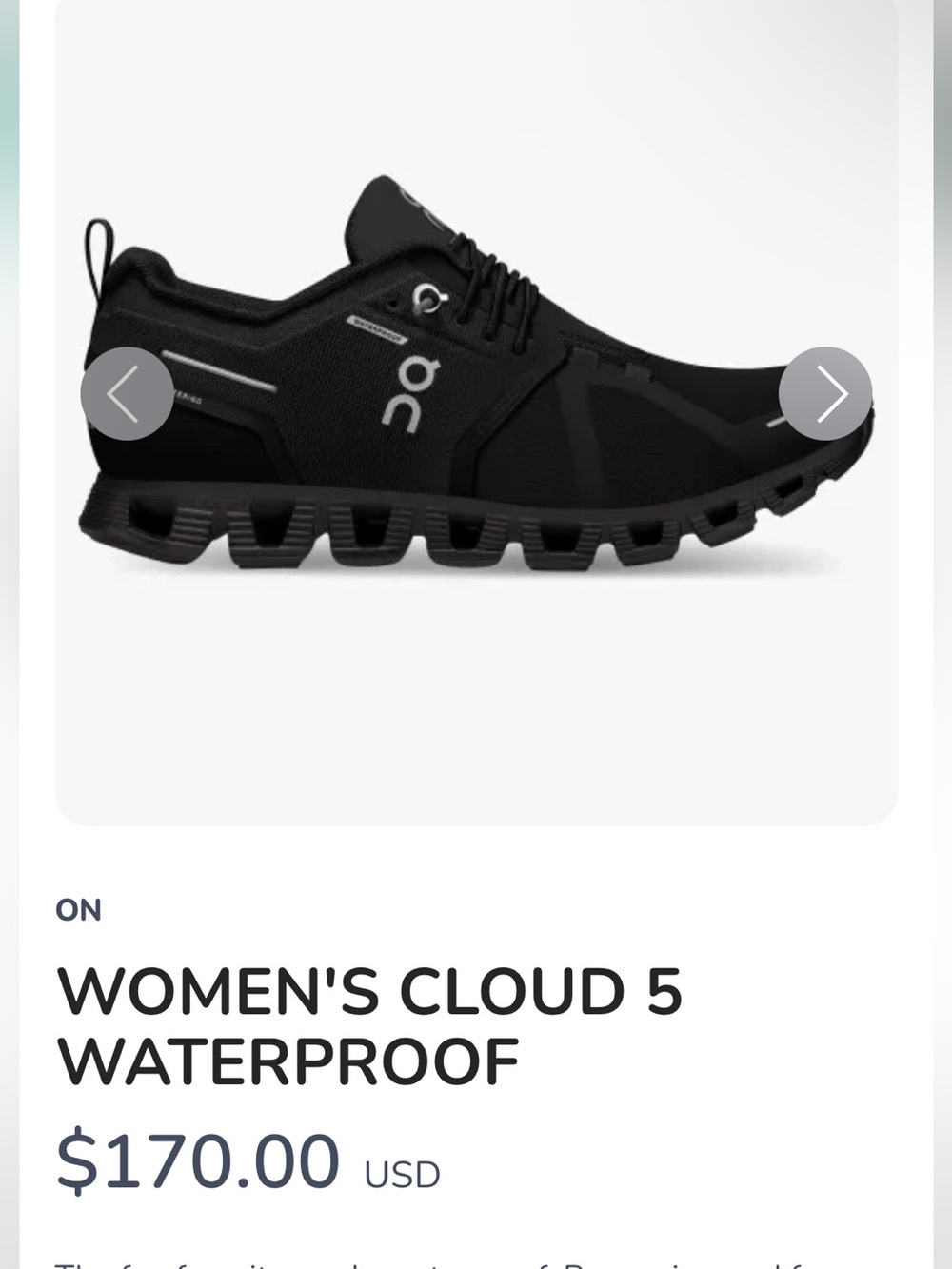 On Cloud 5 Waterproof Women’s Sneaker  Shoe Black Size 5.5 Brand New In Box!!